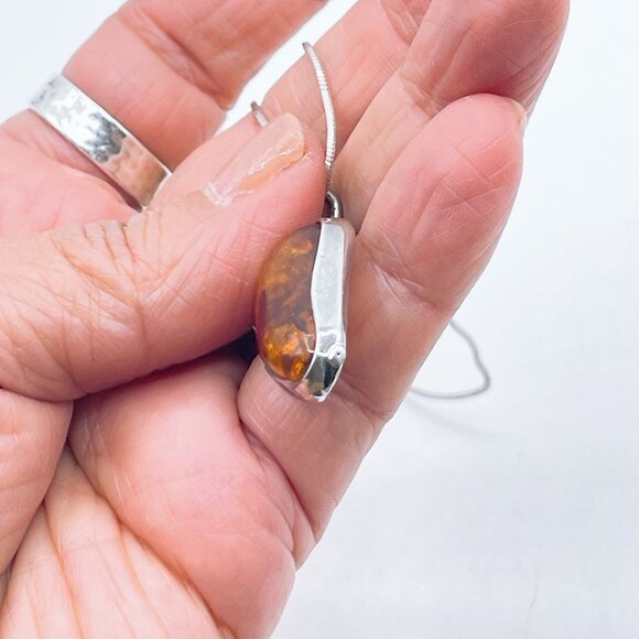 Sterling Silver Pendant Necklace With Genuine Amber Teardrop Design - Picture 4 of 8